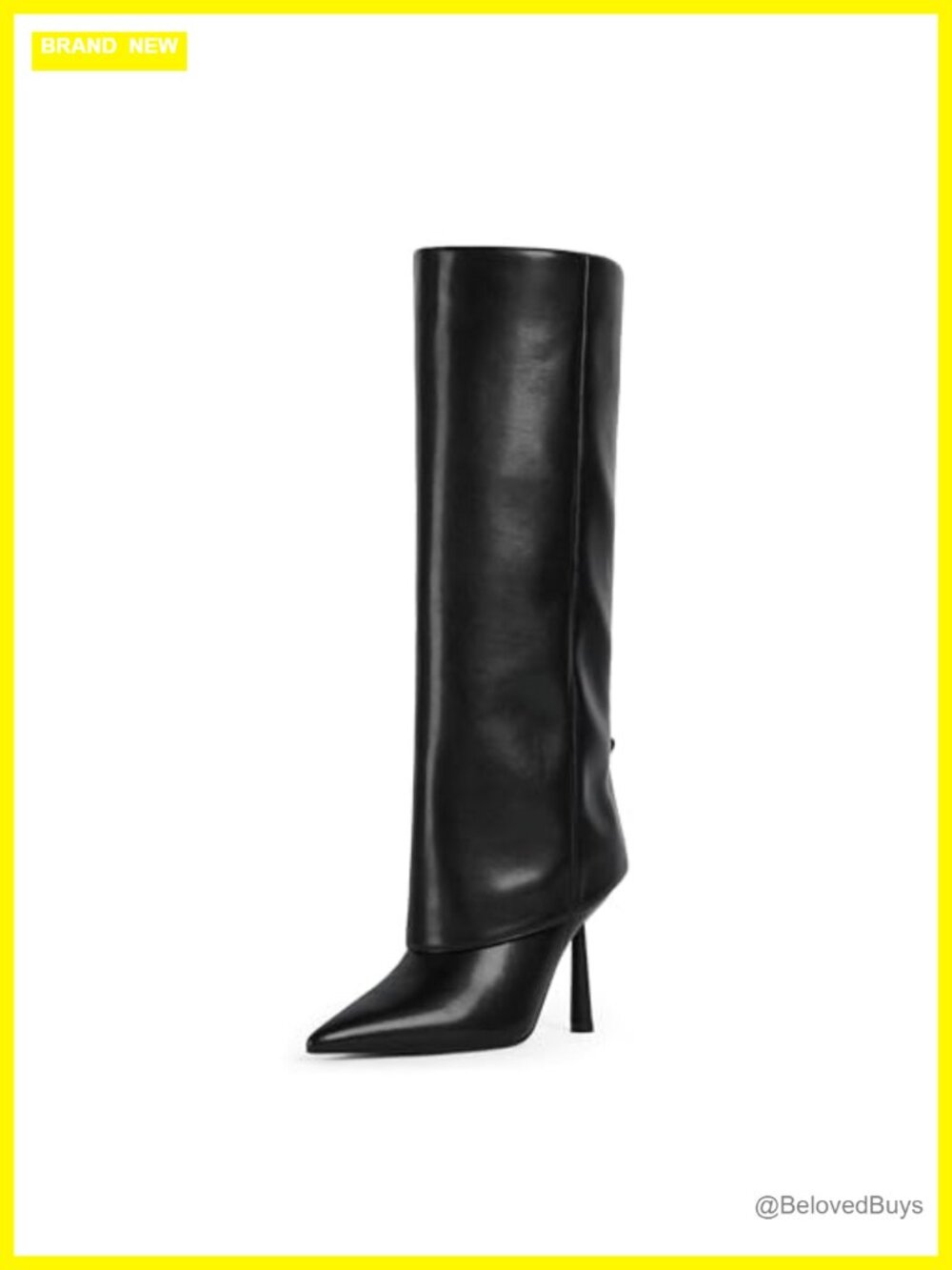 Fold Over Knee High Boots Pointed Toe Stiletto Heel Faux Leather Shark Boots